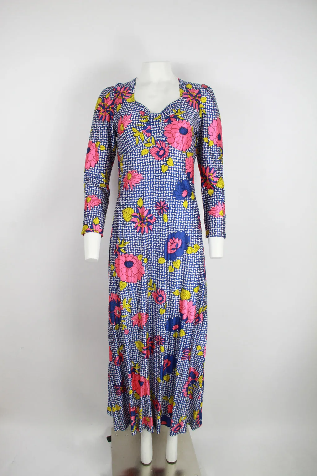 70s Blue and white Floral maxi dress with long sleeves - S/M