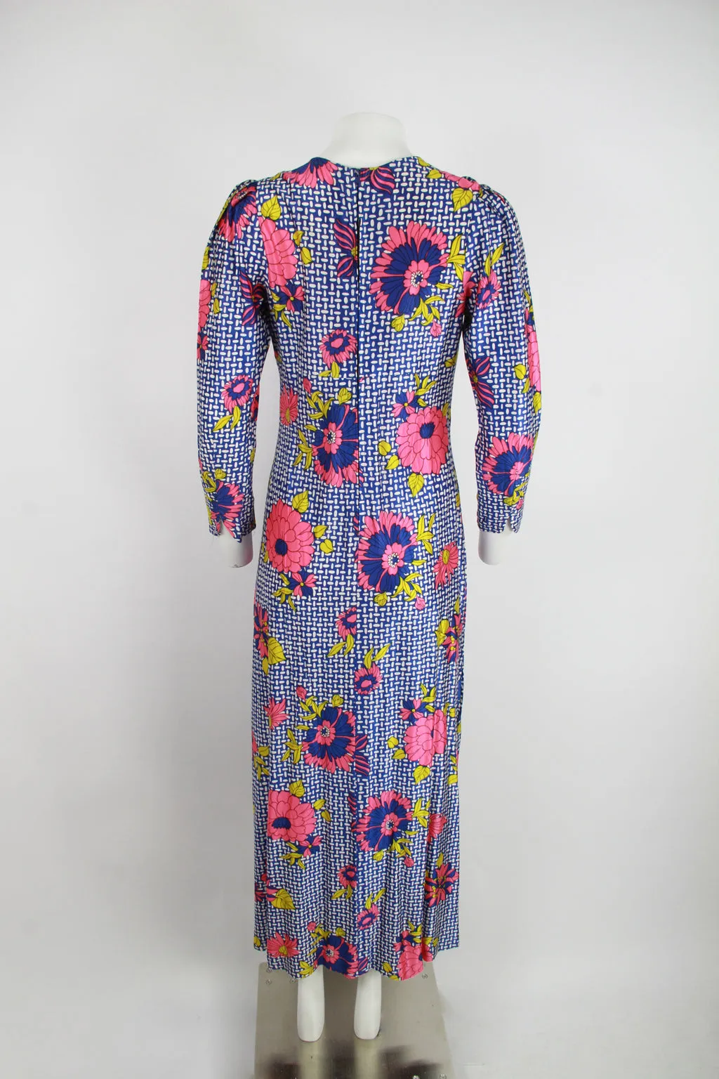 70s Blue and white Floral maxi dress with long sleeves - S/M