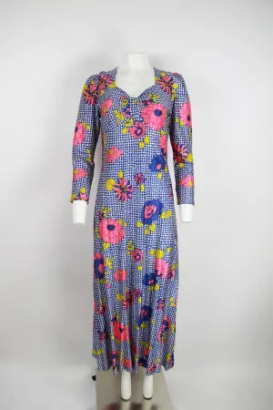 70s Blue and white Floral maxi dress with long sleeves - S/M
