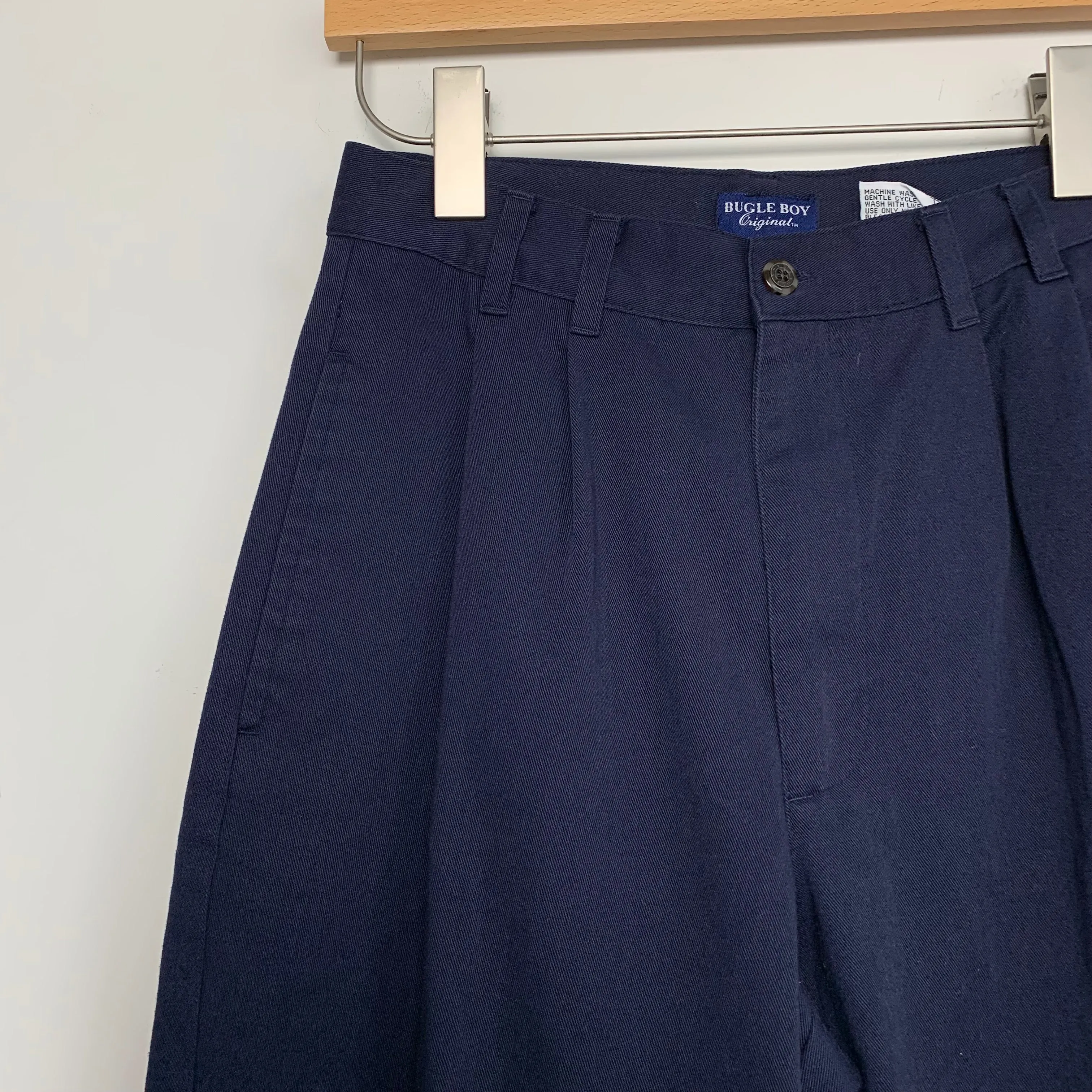 90s Bugle Boy Navy Blue High Rise Trouser Pants Pleated Straight Leg 26 inch waist