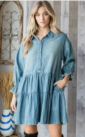 A Little Edgy Destroyed Denim Tiered Dress