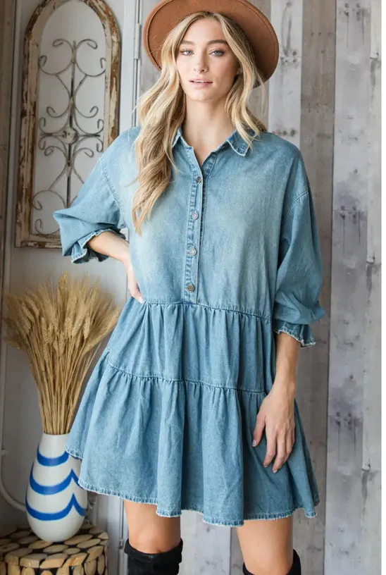 A Little Edgy Destroyed Denim Tiered Dress