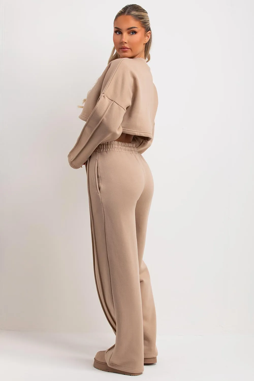 Beige Tracksuit Joggers And Crop Sweatshirt With Seam Detail