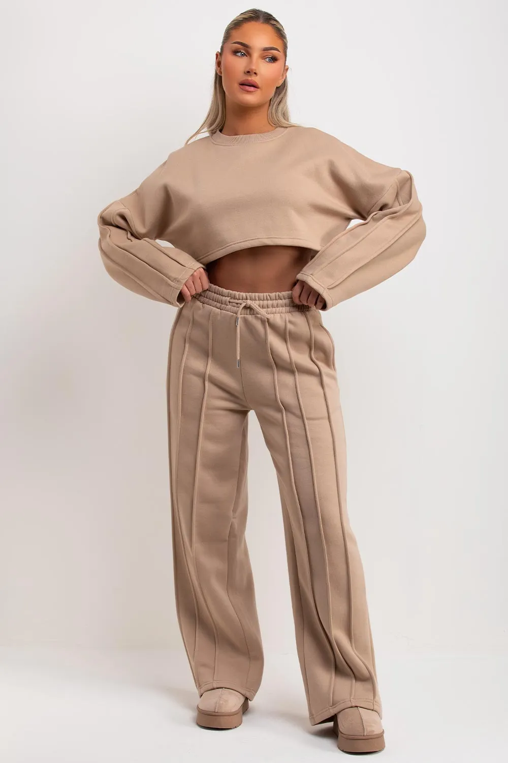 Beige Tracksuit Joggers And Crop Sweatshirt With Seam Detail