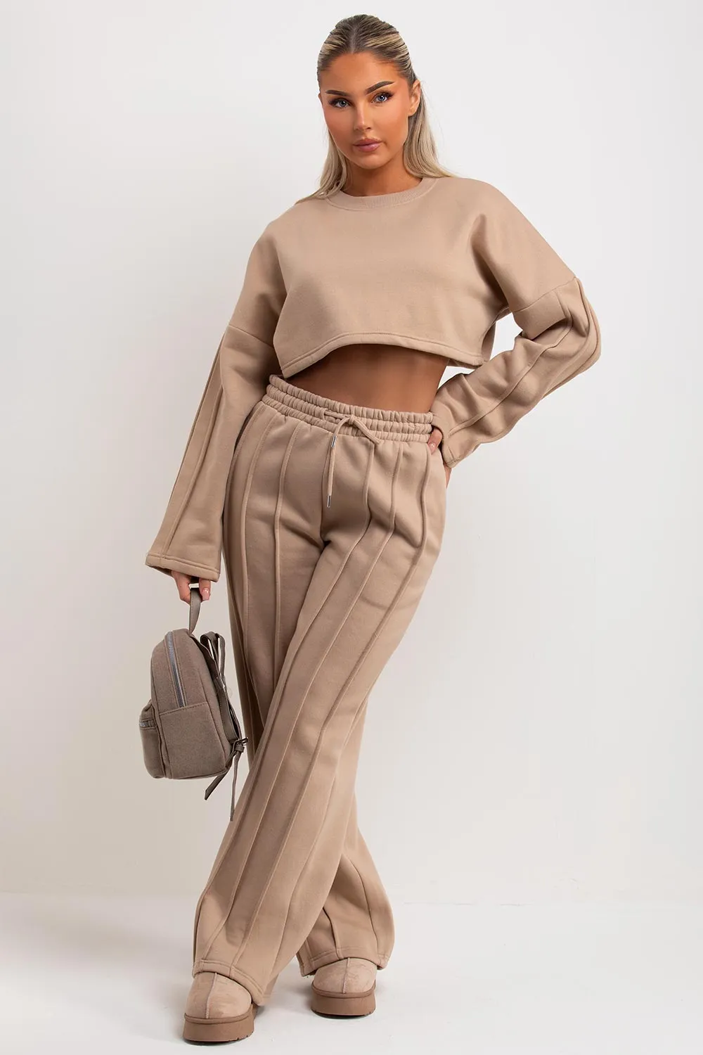 Beige Tracksuit Joggers And Crop Sweatshirt With Seam Detail