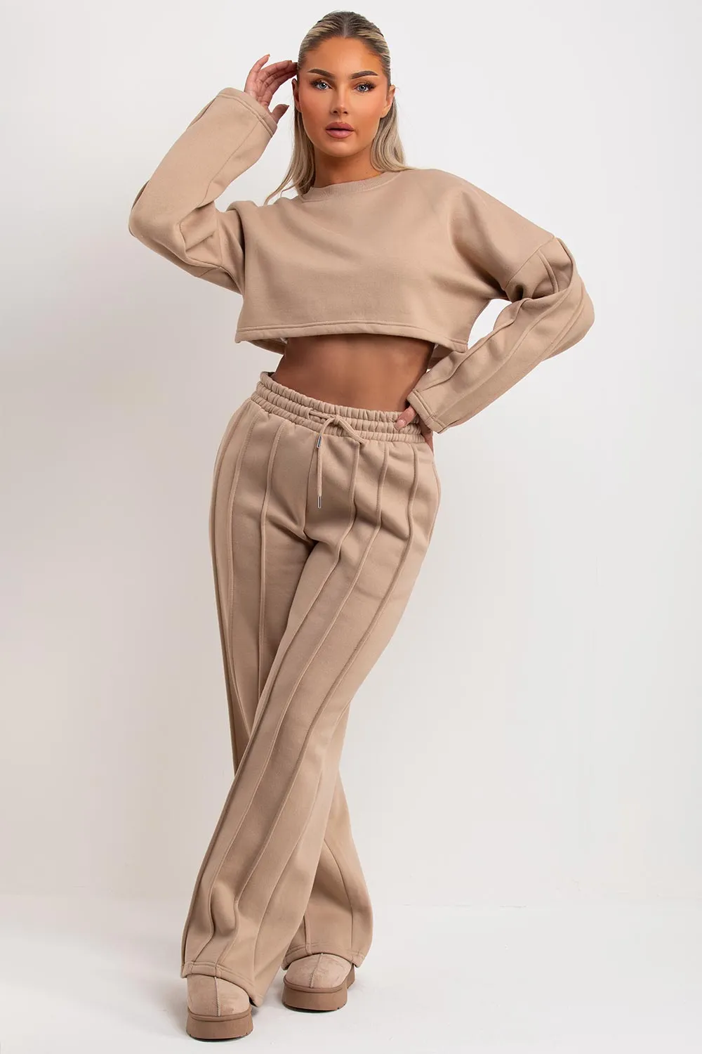 Beige Tracksuit Joggers And Crop Sweatshirt With Seam Detail