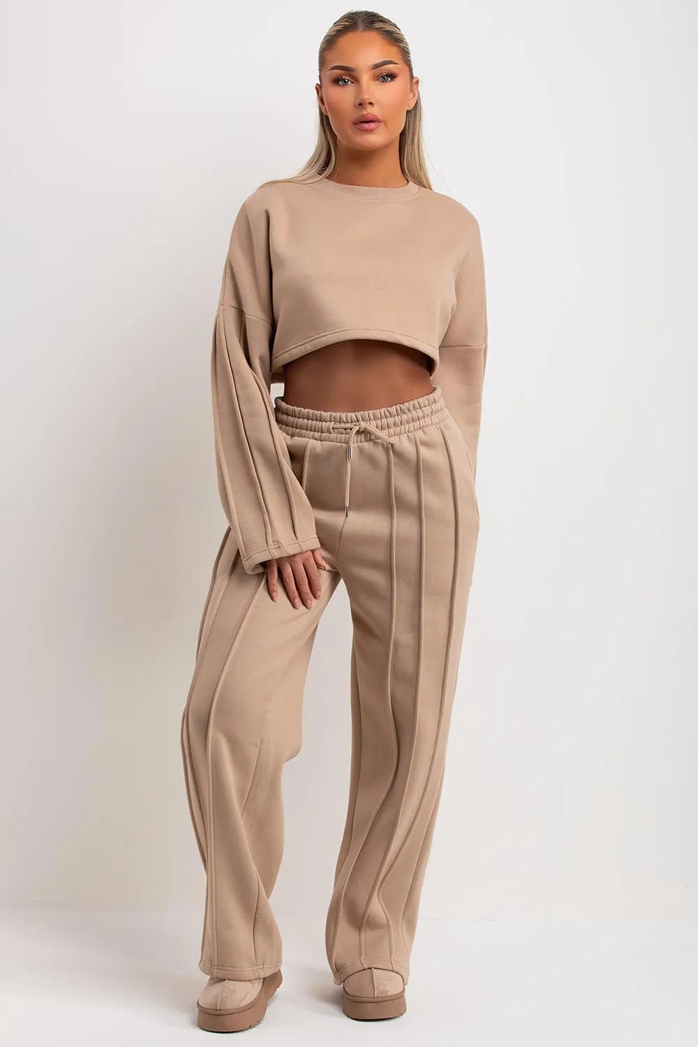 Beige Tracksuit Joggers And Crop Sweatshirt With Seam Detail