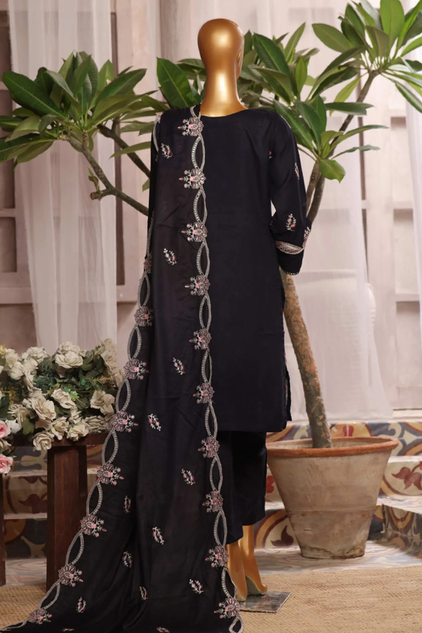Bin Saeed Stitched 3 Piece Luxury Emb Karandi Vol-02 Collection'2024-SFB-1046-Black