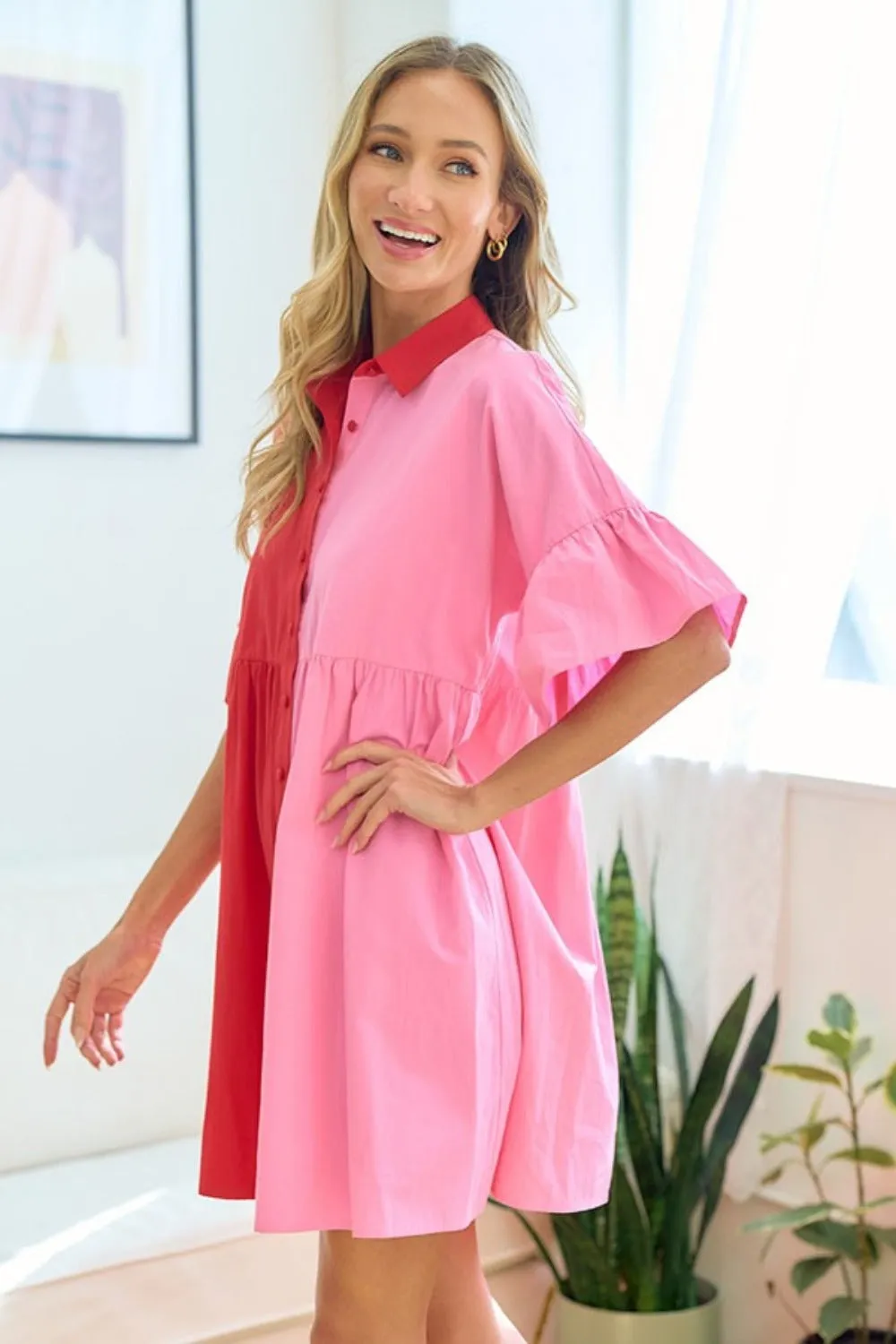 Blue Zone Planet |  First Love Full Size Color Blocked Button Down Babydoll Dress