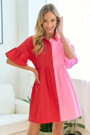 Blue Zone Planet |  First Love Full Size Color Blocked Button Down Babydoll Dress