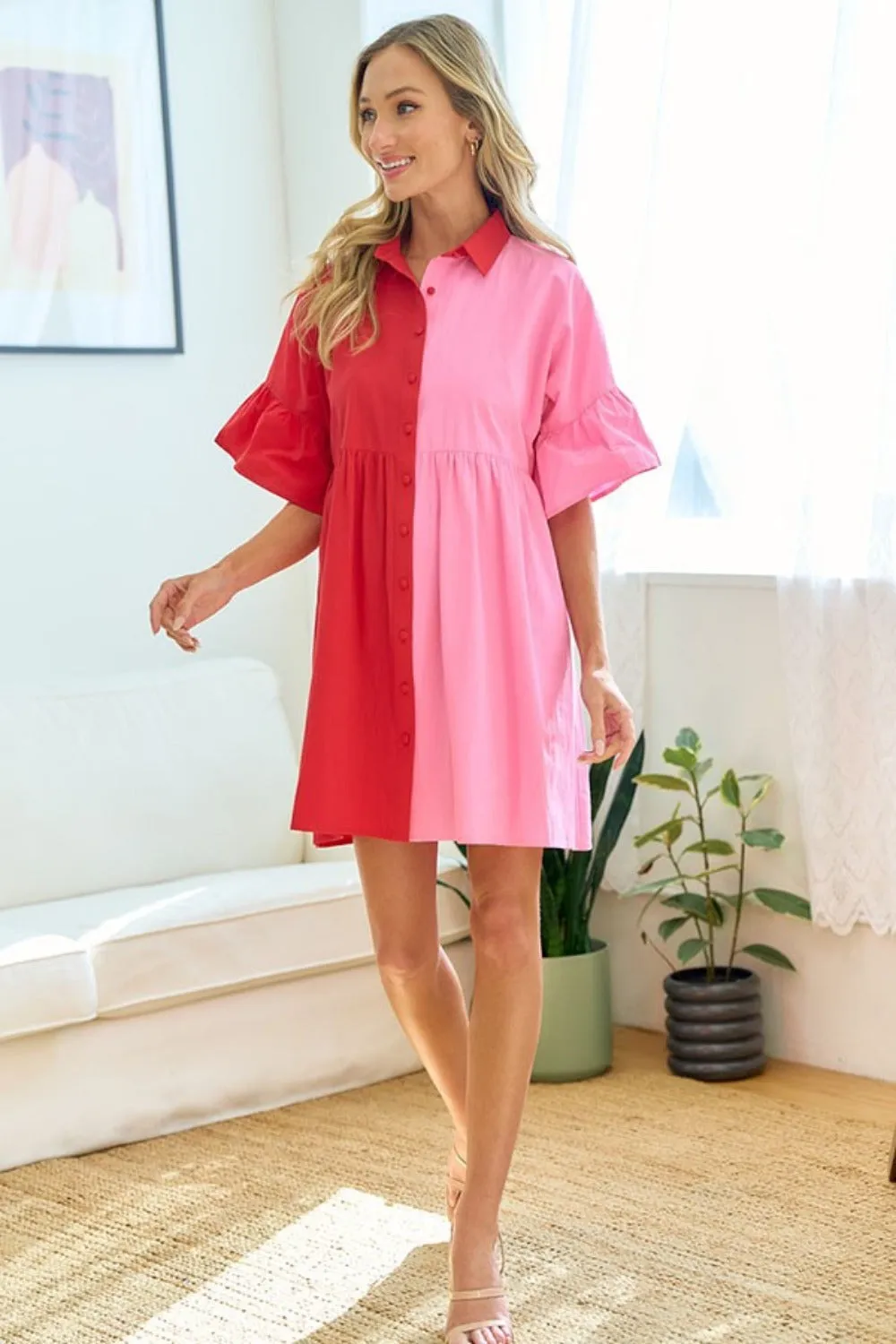 Blue Zone Planet |  First Love Full Size Color Blocked Button Down Babydoll Dress