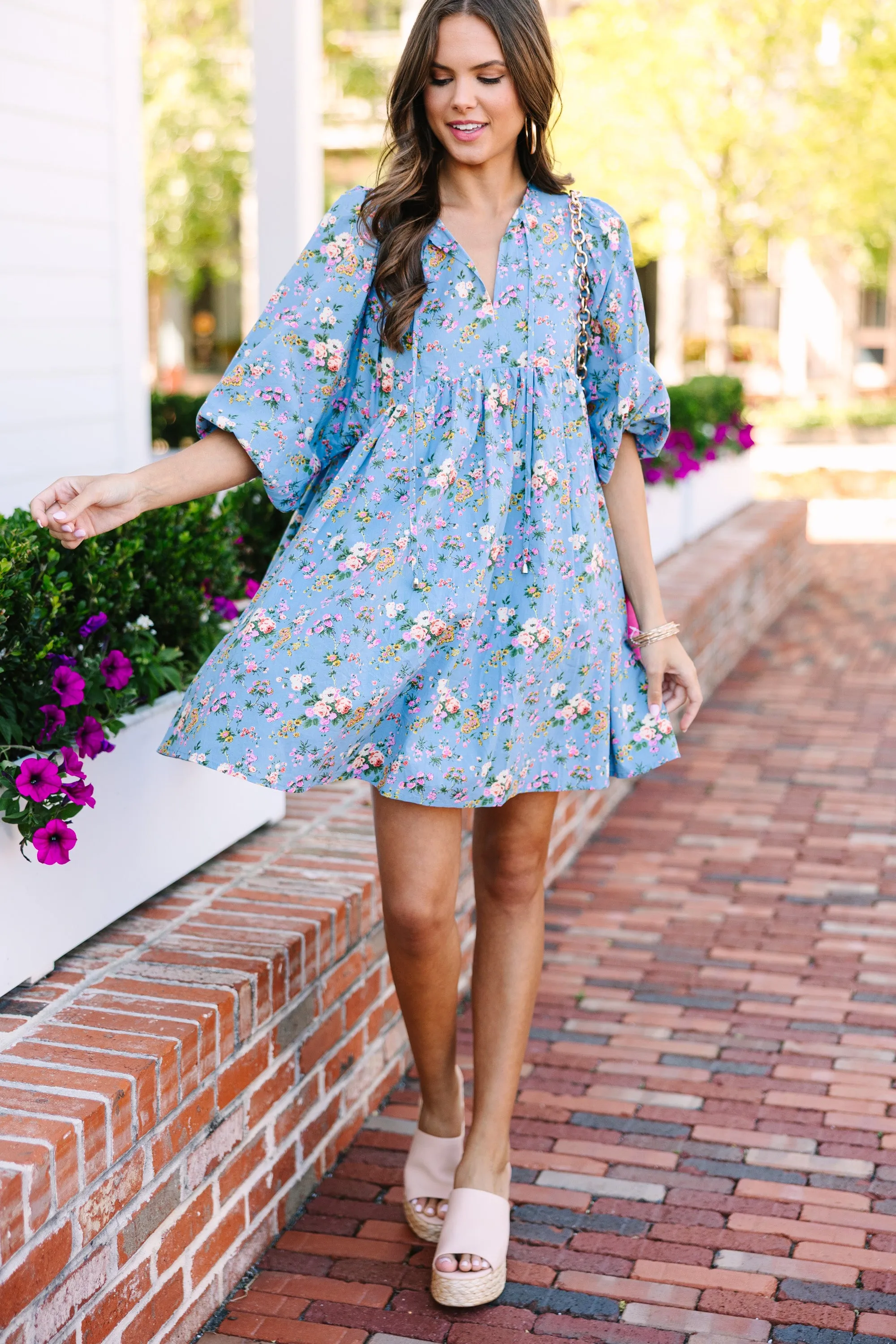 Call You Over Blue Floral Dress
