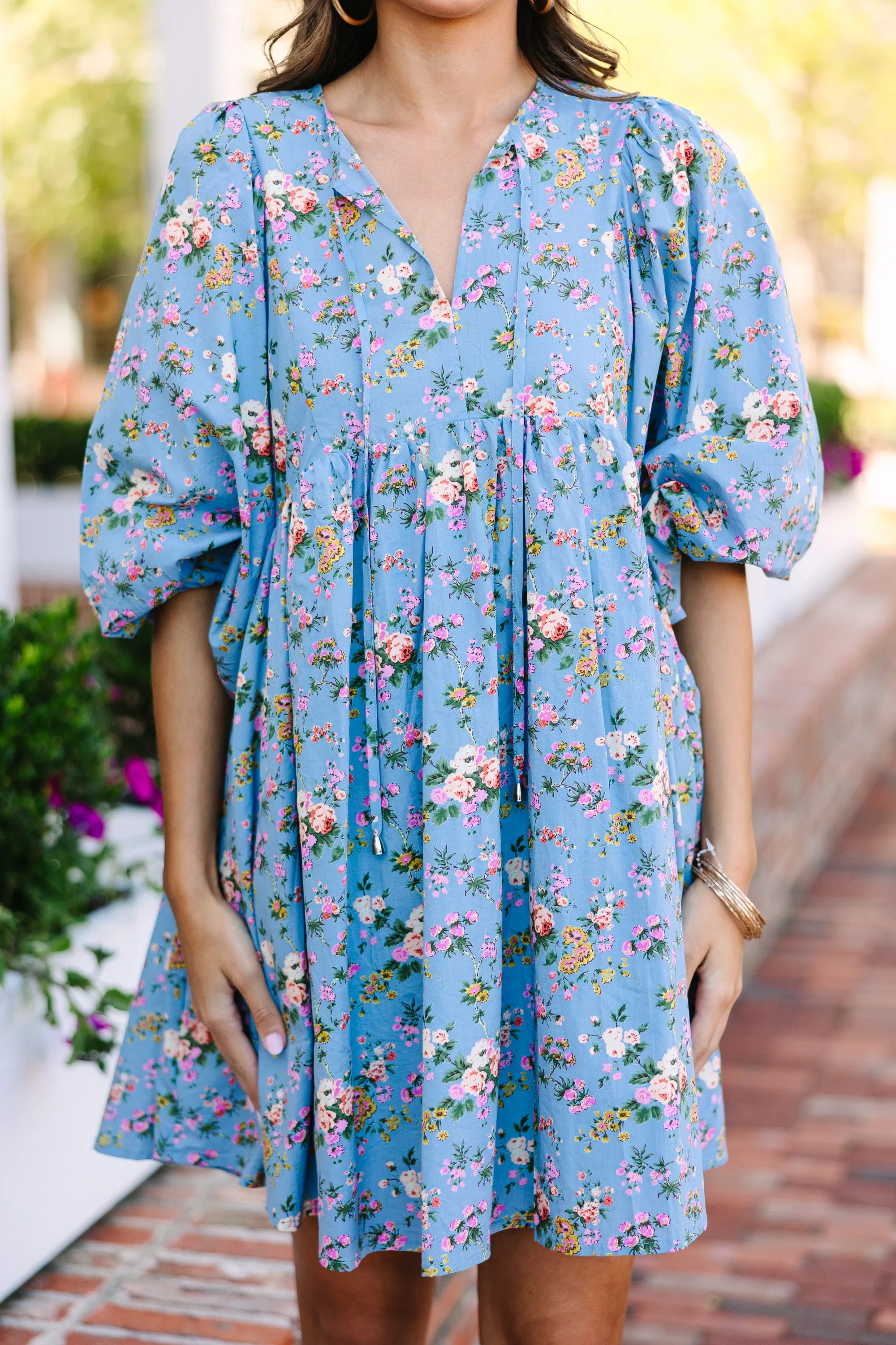 Call You Over Blue Floral Dress