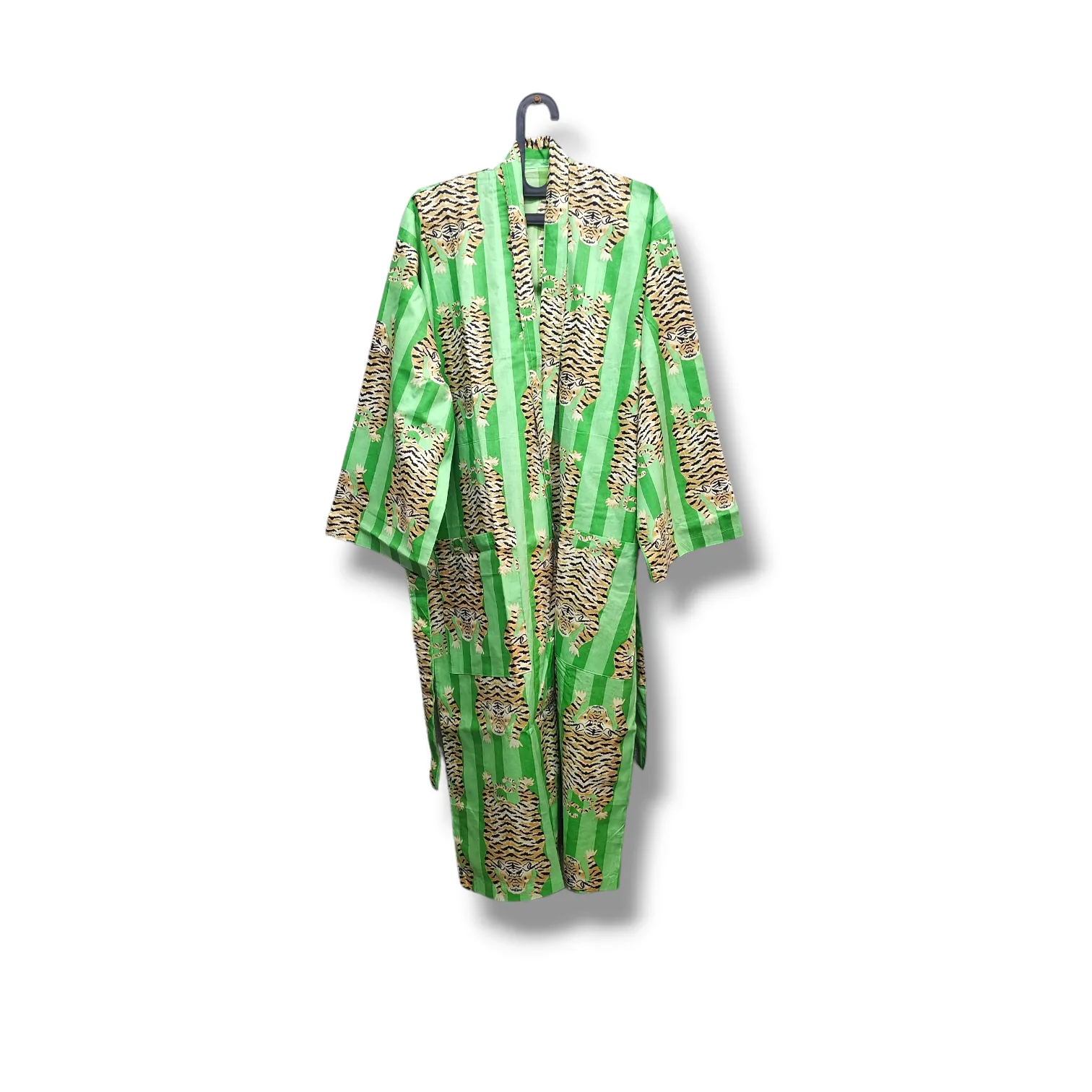 Cotton Hand Printed Kimono Robe Tiger Stripes Green