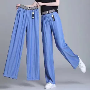 Denim Pants Women Summer High Waist Loose Straight Slim Look Casual Ice Silk Drape Wide Leg Long Pants