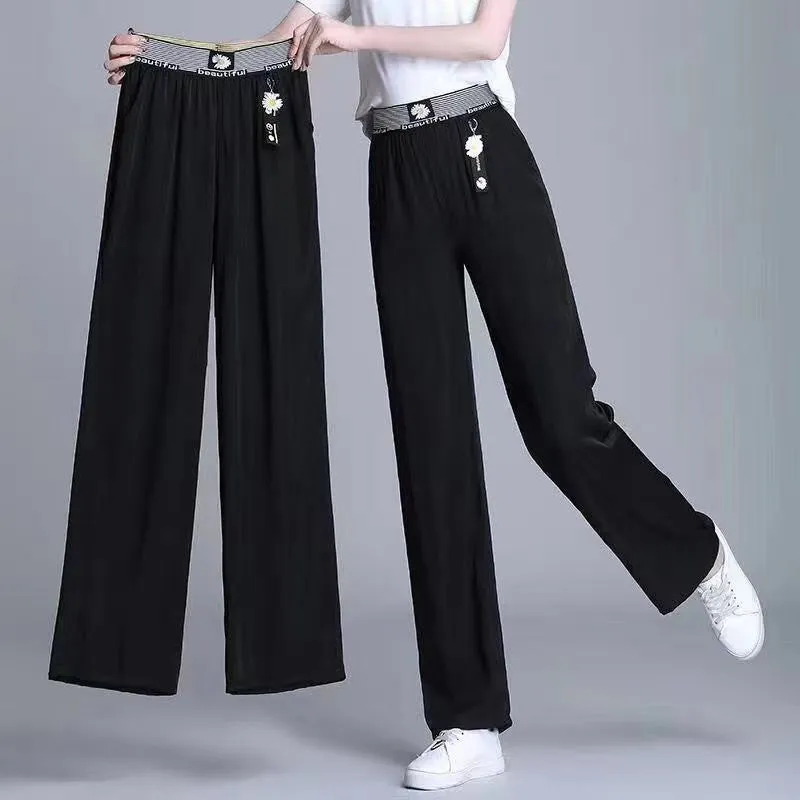 Denim Pants Women Summer High Waist Loose Straight Slim Look Casual Ice Silk Drape Wide Leg Long Pants