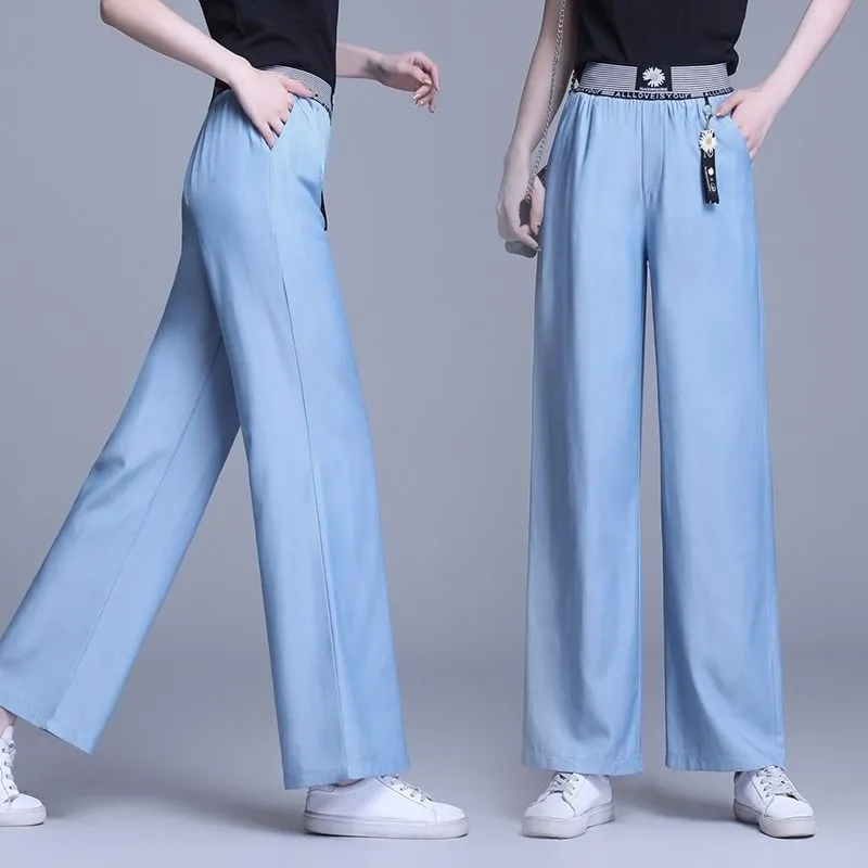 Denim Pants Women Summer High Waist Loose Straight Slim Look Casual Ice Silk Drape Wide Leg Long Pants