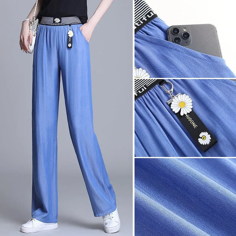 Denim Pants Women Summer High Waist Loose Straight Slim Look Casual Ice Silk Drape Wide Leg Long Pants