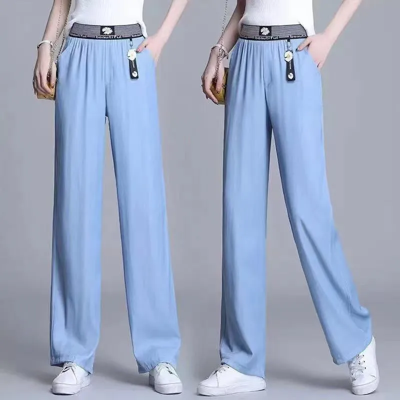 Denim Pants Women Summer High Waist Loose Straight Slim Look Casual Ice Silk Drape Wide Leg Long Pants