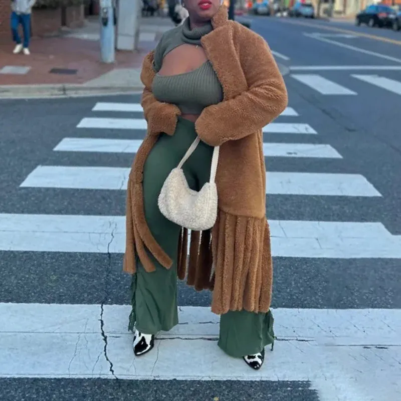 Faux Fur Lapel Casual Tassel Hem Coat