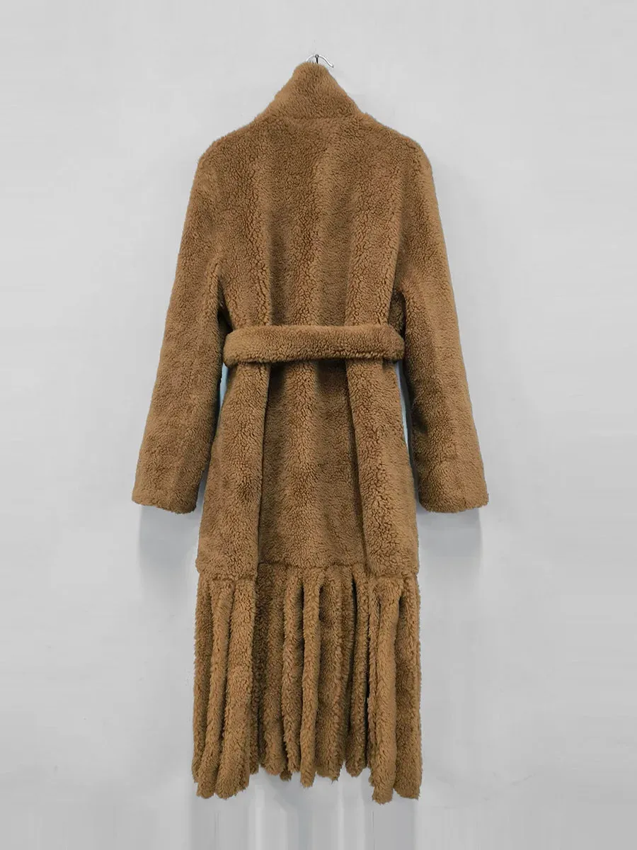 Faux Fur Lapel Casual Tassel Hem Coat