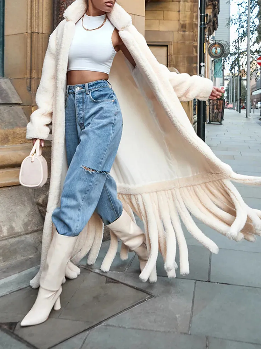 Faux Fur Lapel Casual Tassel Hem Coat