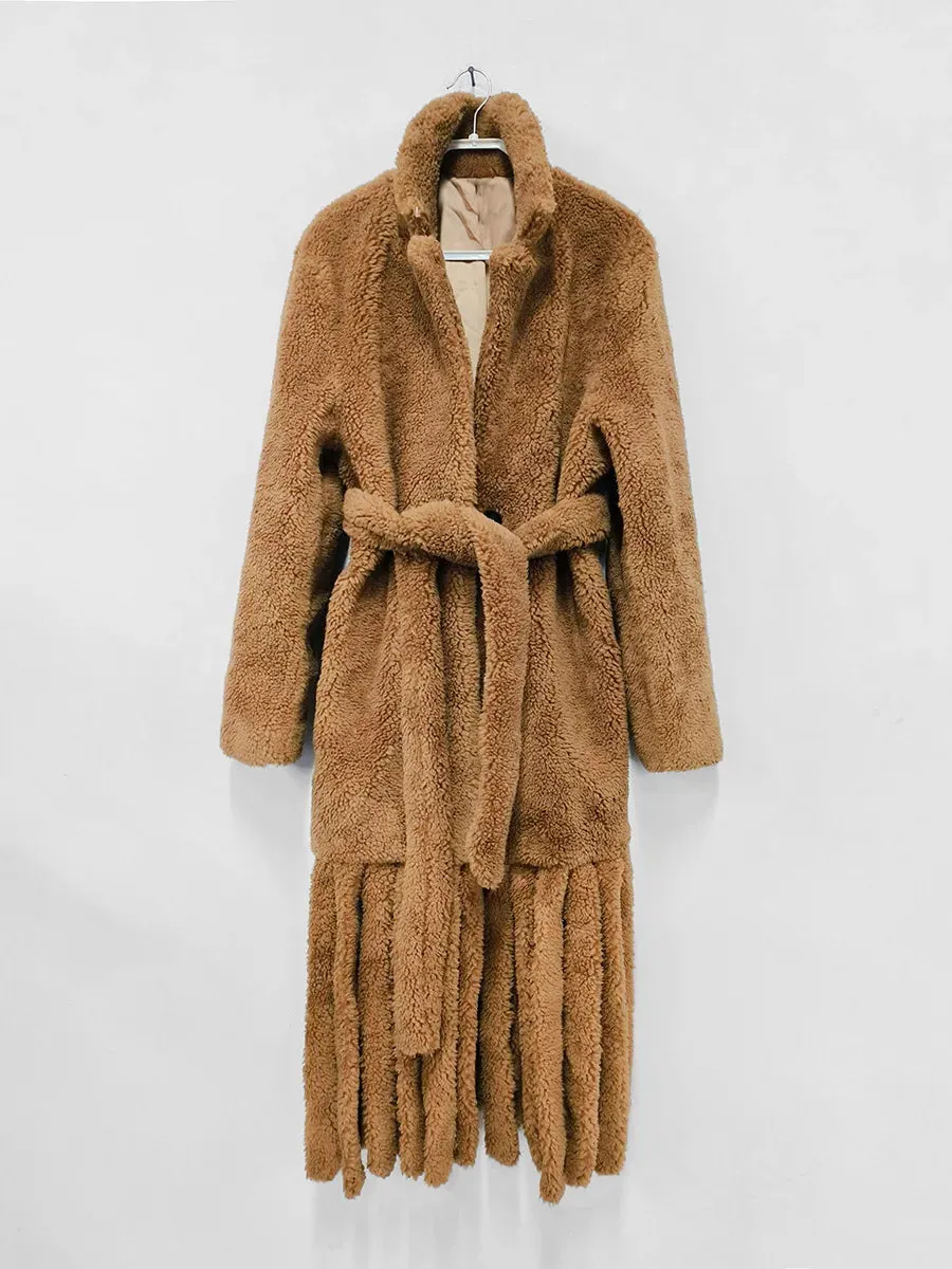 Faux Fur Lapel Casual Tassel Hem Coat