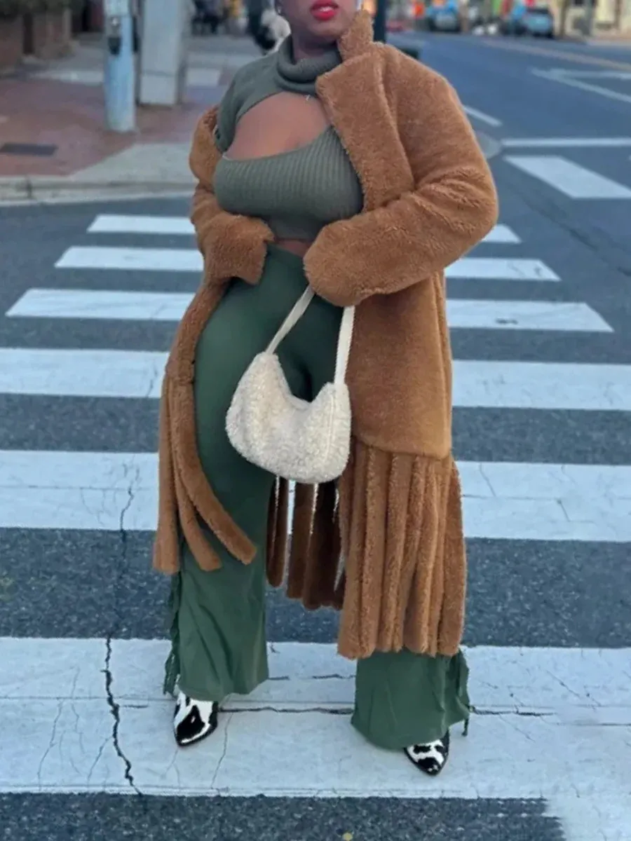 Faux Fur Lapel Casual Tassel Hem Coat