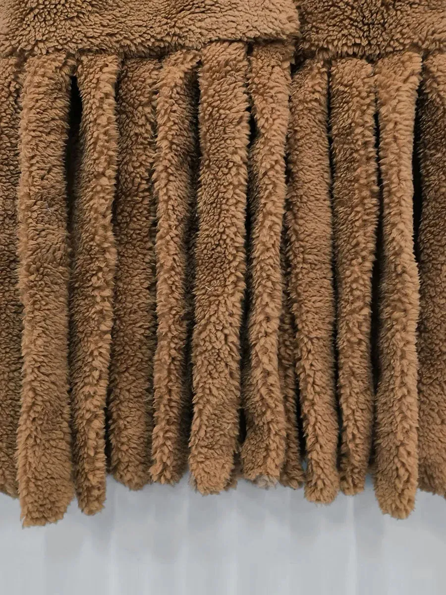 Faux Fur Lapel Casual Tassel Hem Coat