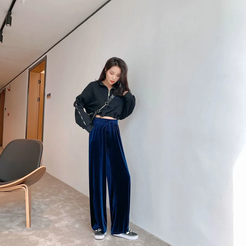 High Waist Gold Wide Leg Pants Women Drape Loose Long Floor Length Straight Jeans Lengthen Casual Pants