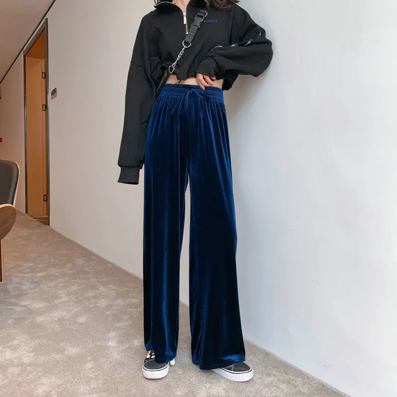 High Waist Gold Wide Leg Pants Women Drape Loose Long Floor Length Straight Jeans Lengthen Casual Pants