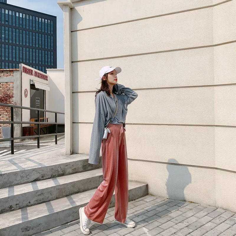 High Waist Gold Wide Leg Pants Women Drape Loose Long Floor Length Straight Jeans Lengthen Casual Pants