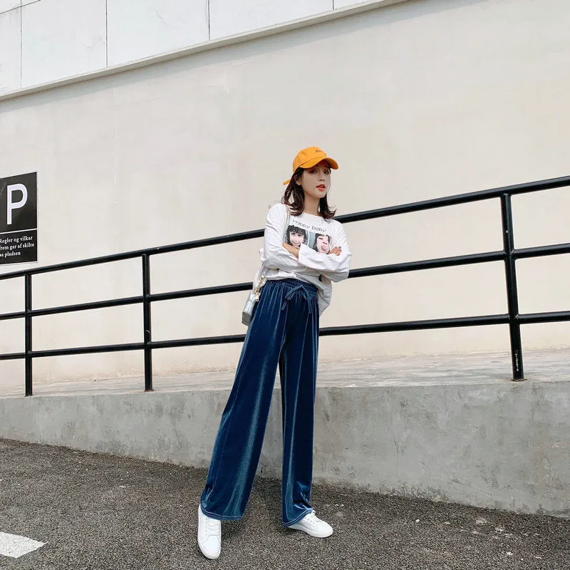 High Waist Gold Wide Leg Pants Women Drape Loose Long Floor Length Straight Jeans Lengthen Casual Pants