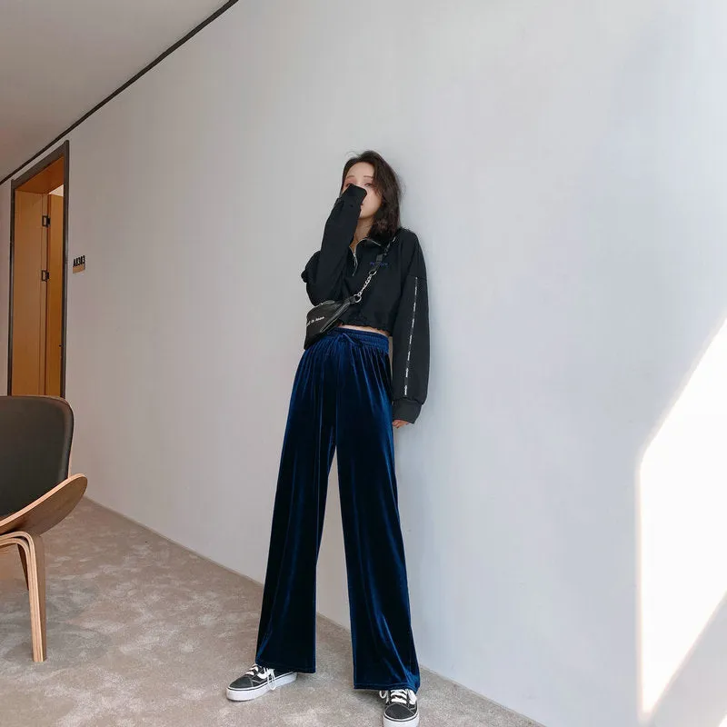 High Waist Gold Wide Leg Pants Women Drape Loose Long Floor Length Straight Jeans Lengthen Casual Pants