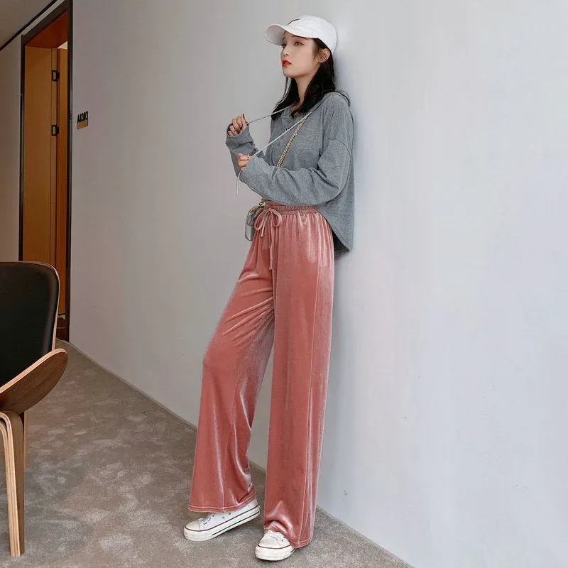 High Waist Gold Wide Leg Pants Women Drape Loose Long Floor Length Straight Jeans Lengthen Casual Pants