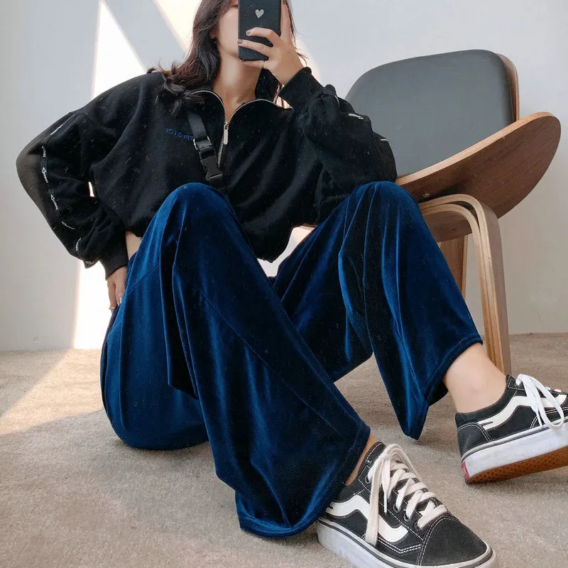 High Waist Gold Wide Leg Pants Women Drape Loose Long Floor Length Straight Jeans Lengthen Casual Pants