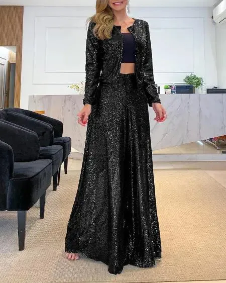 High Waist Pants with Sequins & Wide Leg Flare
