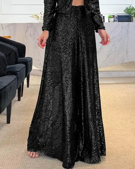 High Waist Pants with Sequins & Wide Leg Flare