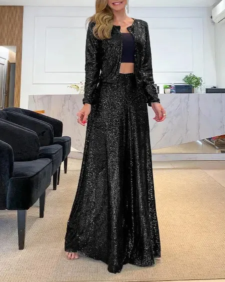 High Waist Pants with Sequins & Wide Leg Flare