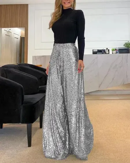 High Waist Pants with Sequins & Wide Leg Flare