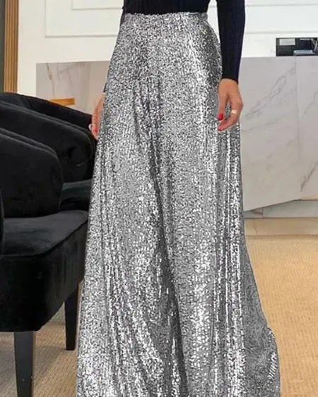 High Waist Pants with Sequins & Wide Leg Flare