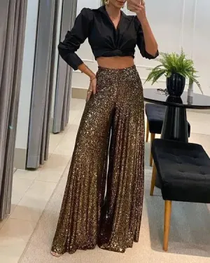 High Waist Pants with Sequins & Wide Leg Flare