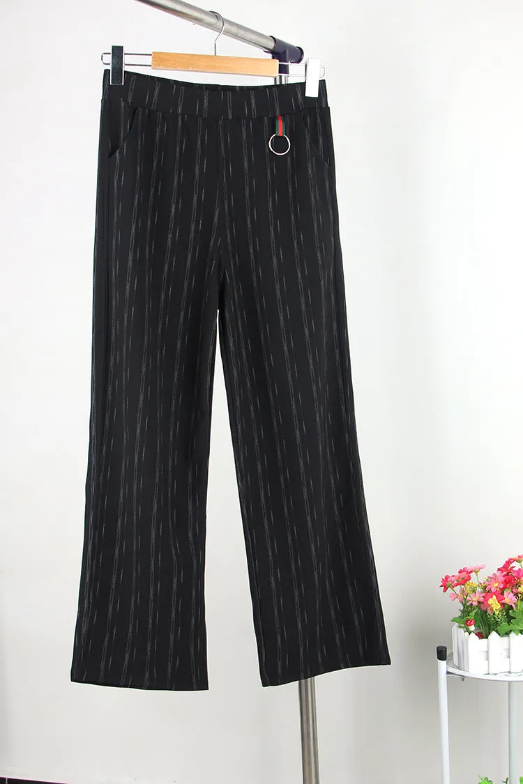 High Waist Slim Look Wide Leg Pants Women Trendy Plus Size Casual Striped Long Pants
