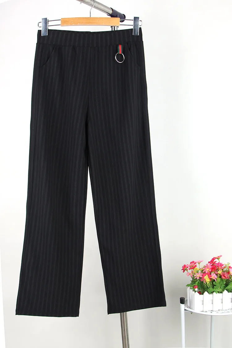 High Waist Slim Look Wide Leg Pants Women Trendy Plus Size Casual Striped Long Pants
