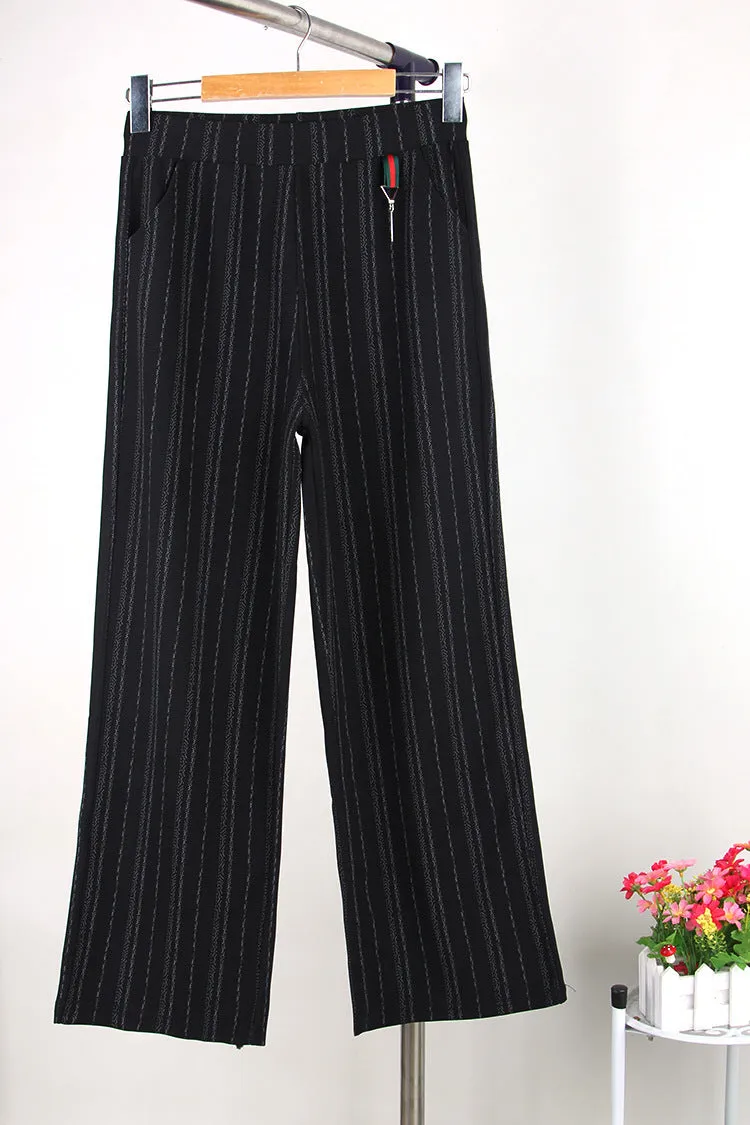 High Waist Slim Look Wide Leg Pants Women Trendy Plus Size Casual Striped Long Pants