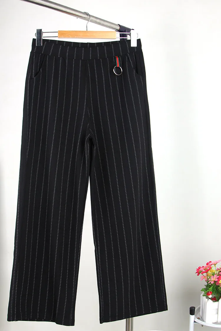 High Waist Slim Look Wide Leg Pants Women Trendy Plus Size Casual Striped Long Pants