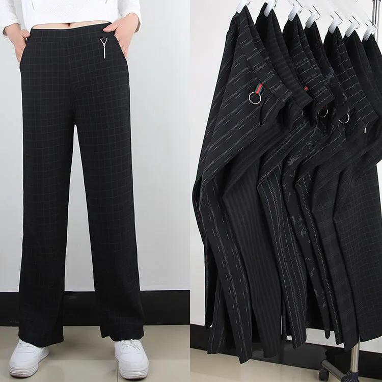 High Waist Slim Look Wide Leg Pants Women Trendy Plus Size Casual Striped Long Pants
