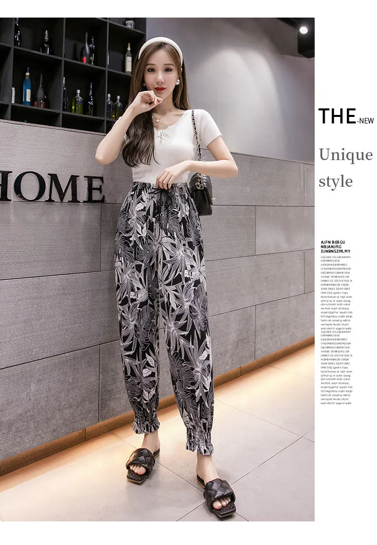 Ice Silk Lantern Pants Elderly High Waist Slim Look Plus Size Wide Leg Women Anti Mosquito Ankle-Length Thin Ink Pants