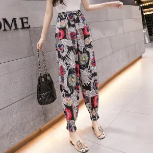 Ice Silk Lantern Pants Elderly High Waist Slim Look Plus Size Wide Leg Women Anti Mosquito Ankle-Length Thin Ink Pants