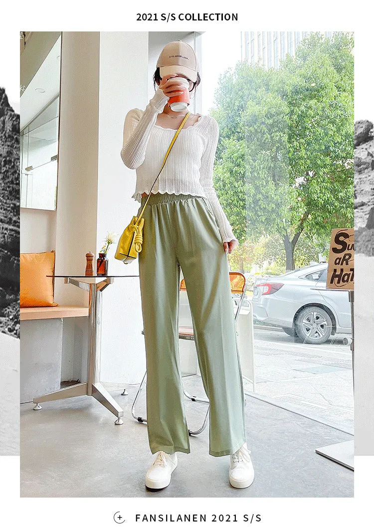Ice Silk Splitted Wide Leg Pants Women Summer High Waist Slim Look Floor Length Casual Straight Non-iron Drape Suits Long Pants